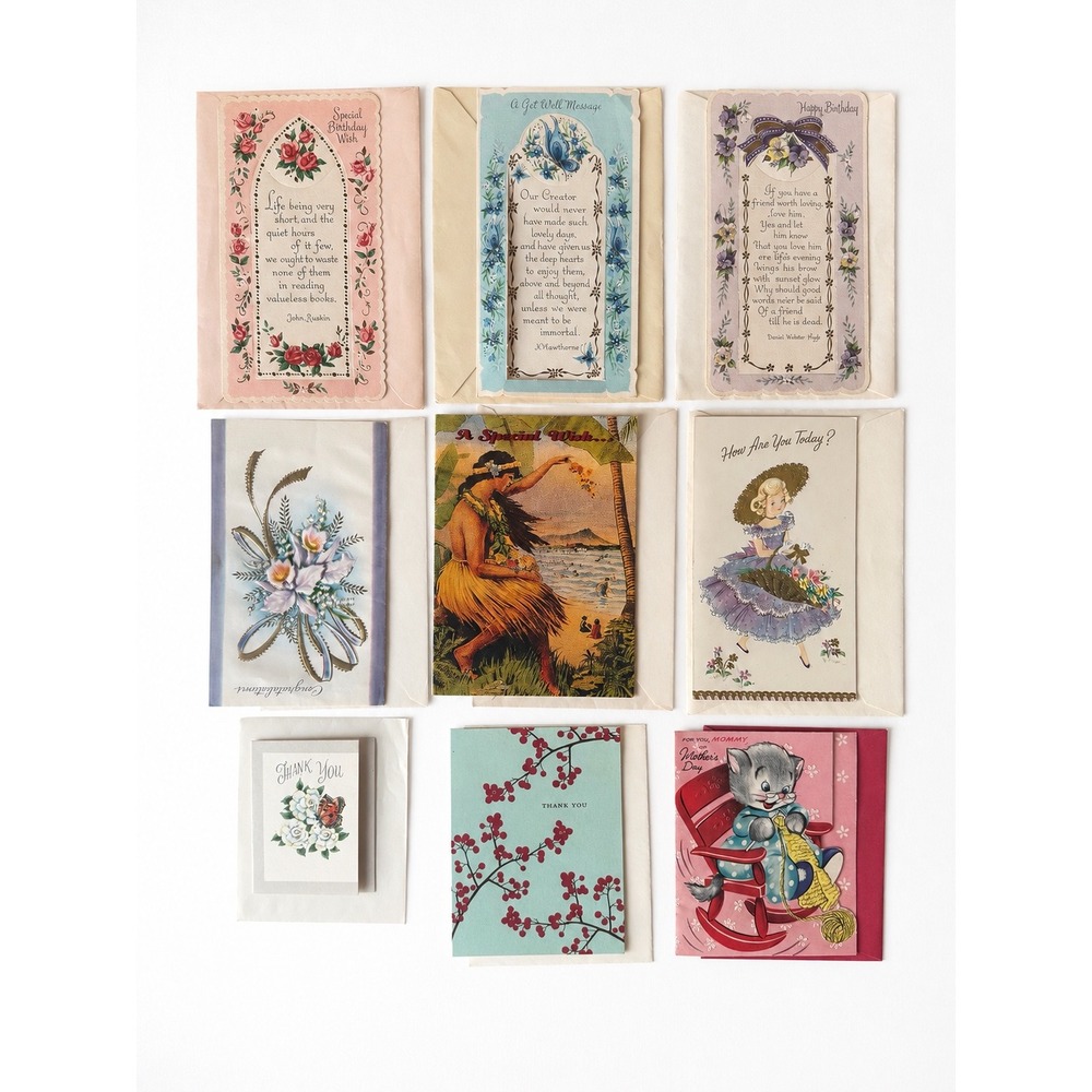 Lot 14 Vintage Mid Century Greeting Cards Unused 9 Envelopes Animals Floral MCM